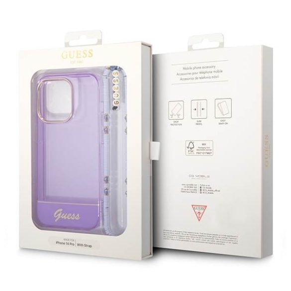 Guess GUHCP14LHGCOHU iPhone 14 Pro 6,1" áttetsző lila keménytok gyöngyház szíjjal