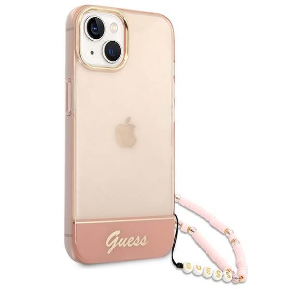 Guess GUHCP14MHGCOHP iPhone 14 Plus / 15 Plus 6.7" rózsaszín keménytok áttetsző gyöngyház szíjjal