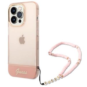 Guess GUHCP14LHGCOHP iPhone 14 Pro 6,1" áttetsző rózsaszín keménytok gyöngyház szíjjal