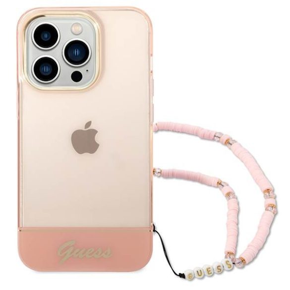 Guess GUHCP14LHGCOHP iPhone 14 Pro 6,1" áttetsző rózsaszín keménytok gyöngyház szíjjal