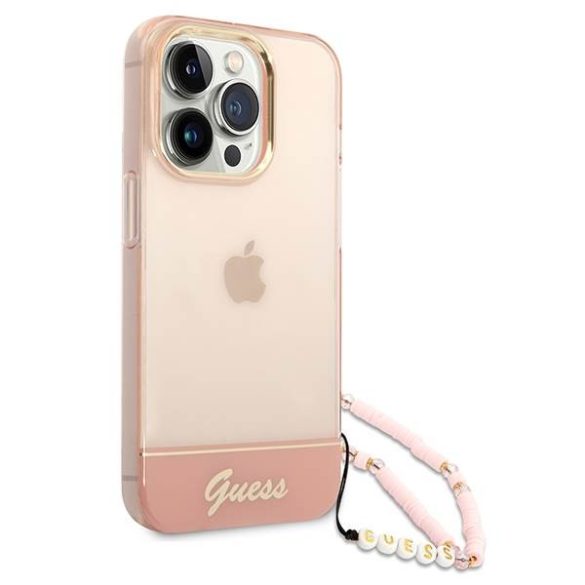 Guess GUHCP14LHGCOHP iPhone 14 Pro 6,1" áttetsző rózsaszín keménytok gyöngyház szíjjal