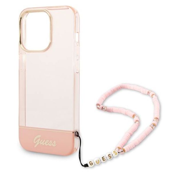 Guess GUHCP14LHGCOHP iPhone 14 Pro 6,1" áttetsző rózsaszín keménytok gyöngyház szíjjal