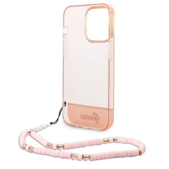 Guess GUHCP14LHGCOHP iPhone 14 Pro 6,1" áttetsző rózsaszín keménytok gyöngyház szíjjal