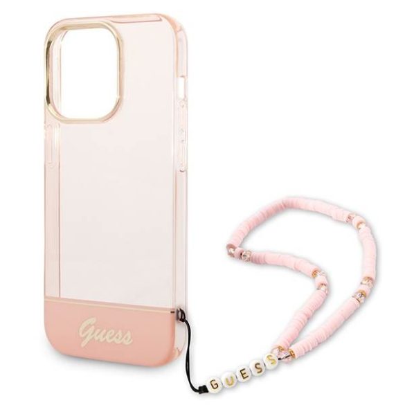 Guess GUHCP14XHGCOHP iPhone 14 Pro Max 6,7" rózsaszín áttetsző keménytok gyöngyház szíjjal
