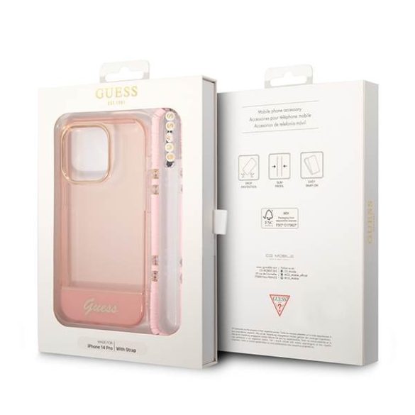 Guess GUHCP14XHGCOHP iPhone 14 Pro Max 6,7" rózsaszín áttetsző keménytok gyöngyház szíjjal