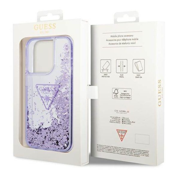 Guess GUHCP14LLFCTPU iPhone 14 Pro 6,1" lila folyékony csillogó kristályos Palm Collection keménytok