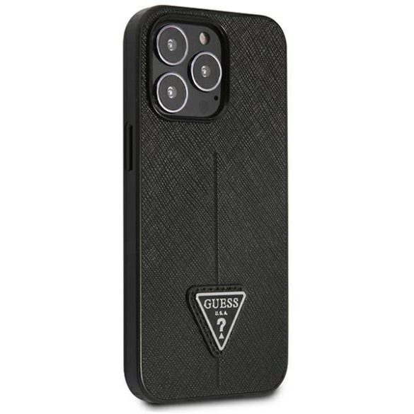 Guess GUHCP14LPSATLK iPhone 14 Pro 6,1" fekete Saffiano háromszög logós keménytok kártyatartóval