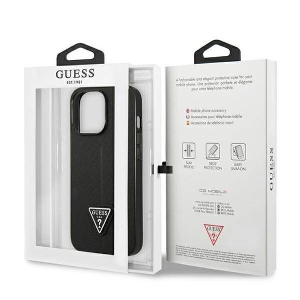 Guess GUHCP14LPSATLK iPhone 14 Pro 6,1" fekete Saffiano háromszög logós keménytok kártyatartóval