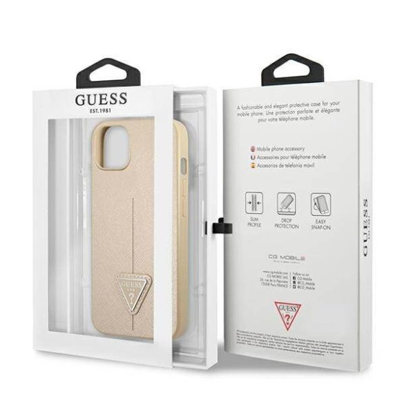 Guess GUHCP14MPSATLE iPhone 14 Plus / 15 Plus 6.7" bézs színű keménytok SaffianoTriangle Logó