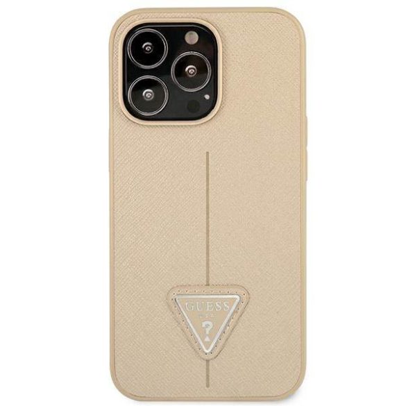 Guess GUHCP14LPSATLE iPhone 14 Pro 6,1" bézs Saffiano háromszög logós keménytok