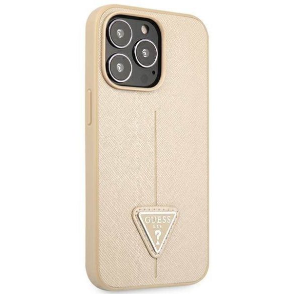 Guess GUHCP14LPSATLE iPhone 14 Pro 6,1" bézs Saffiano háromszög logós keménytok