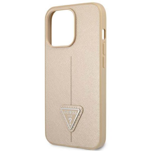 Guess GUHCP14LPSATLE iPhone 14 Pro 6,1" bézs Saffiano háromszög logós keménytok