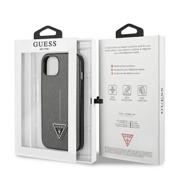 Guess GUHCP14MPSATLG iPhone 14 Plus / 15 Plus 6.7" ezüst keménytok SaffianoTriangle Logó