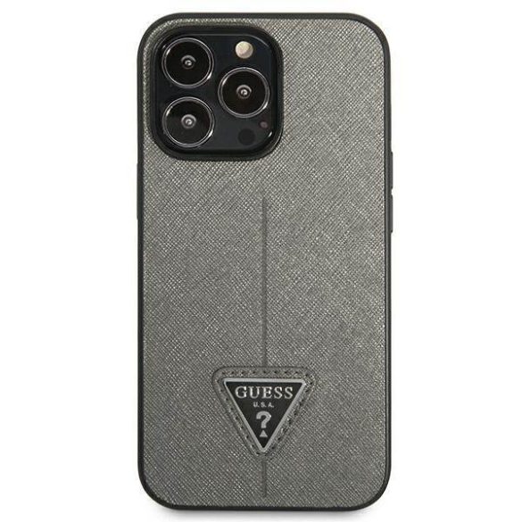 Guess GUHCP14LPSATLG iPhone 14 Pro 6,1" ezüst Saffiano háromszög logós keménytok kártyatartóval