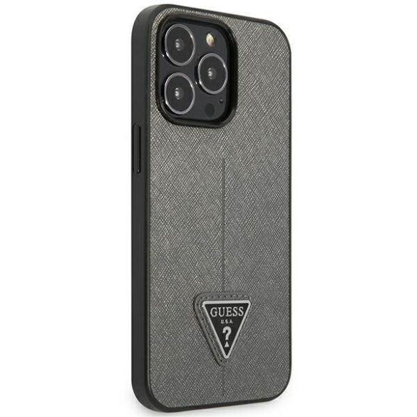 Guess GUHCP14LPSATLG iPhone 14 Pro 6,1" ezüst Saffiano háromszög logós keménytok kártyatartóval