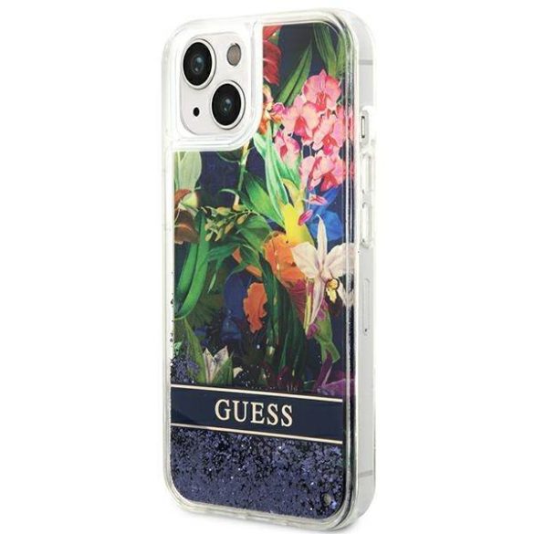 Guess GUHCP14SLFLSB iPhone 14 / 15 / 13 6.1" kék keménytok Flower Liquid Glitter