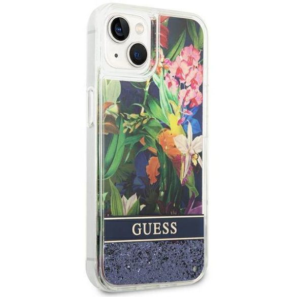 Guess GUHCP14SLFLSB iPhone 14 / 15 / 13 6.1" kék keménytok Flower Liquid Glitter