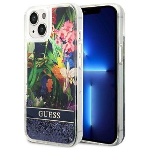 Guess GUHCP14MLFLSB iPhone 14 Plus / 15 Plus 6.7" kék keménytok Flower folyékony Glitter