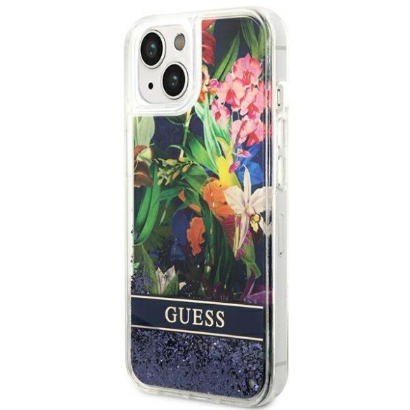 Guess GUHCP14MLFLSB iPhone 14 Plus / 15 Plus 6.7" kék keménytok Flower folyékony Glitter