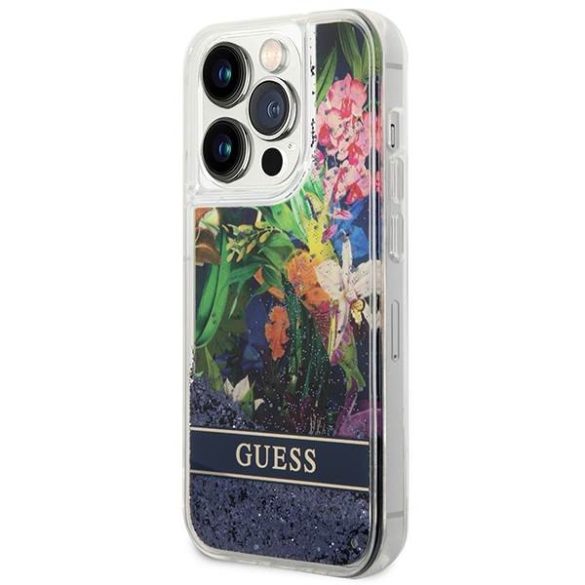 Guess GUHCP14LLFLSB iPhone 14 Pro 6,1" kék virág folyékony csillogó kristályos keménytok