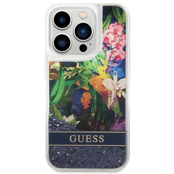 Guess GUHCP14LLFLSB iPhone 14 Pro 6,1" kék virág folyékony csillogó kristályos keménytok