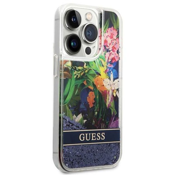 Guess GUHCP14LLFLSB iPhone 14 Pro 6,1" kék virág folyékony csillogó kristályos keménytok