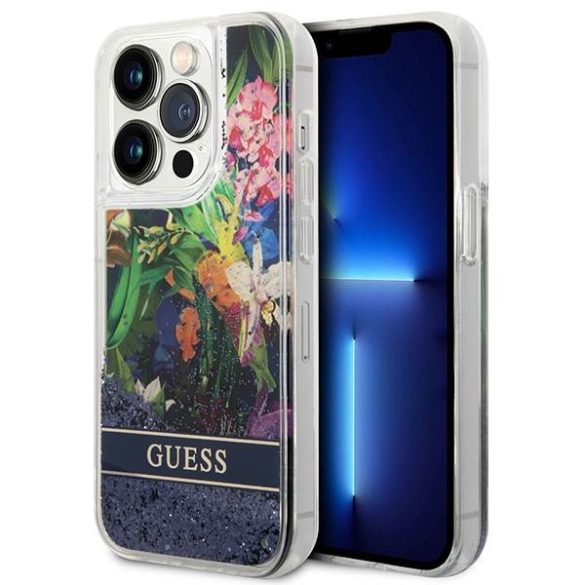 Guess GUHCP14XLFLSB iPhone 14 Pro Max 6,7" kék virág folyékony csillogó kristályos keménytok