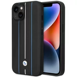   Etui BMW BMHCP14S22RVSK iPhone 14 6.1" fekete keménytok bőr bélyegző kék vonalak