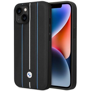 Etui BMW BMHCP14S22RVSK iPhone 14 6.1" fekete keménytok bőr bélyegző kék vonalak