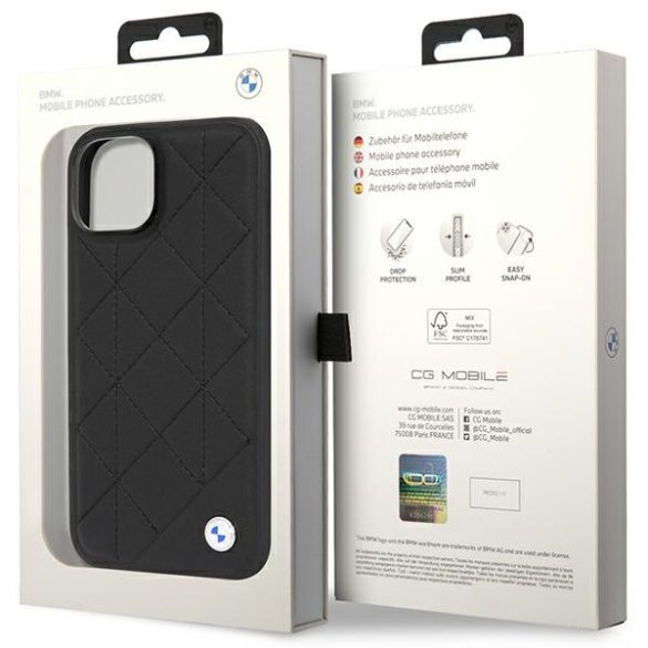 Etui BMW BMHCP14S22RQDK iPhone 14 / 15 / 13 6.1" fekete bőr steppelt tok