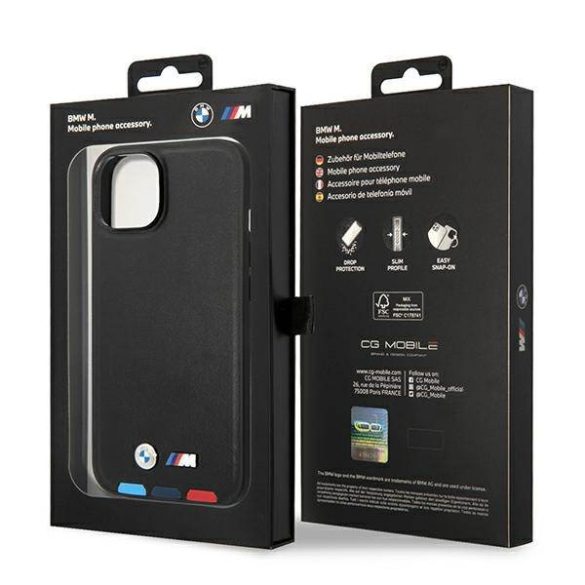 Etui BMW BMHCP14S22PTDK iPhone 14 / 15 / 13 6.1" fekete bőr bélyegző Tricolor tok