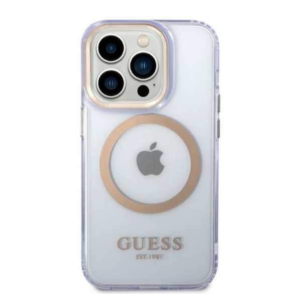 Guess GUHMP14LHTCMU iPhone 14 Pro 6.1" lila keménytok  Arany kontúrú MagSafe áttetsző tok