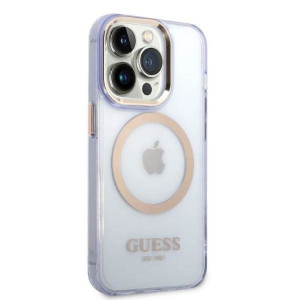 Guess GUHMP14XHTCMU iPhone 14 Pro Max 6,7" lila áttetsző Magsafe keménytok arany kontúrral