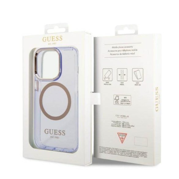 Guess GUHMP14XHTCMU iPhone 14 Pro Max 6,7" lila áttetsző Magsafe keménytok arany kontúrral