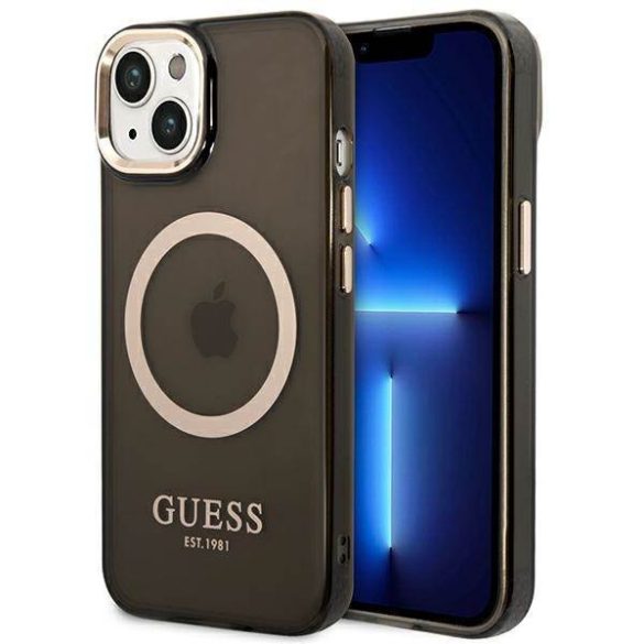 Guess GUHMP14MHTCMK iPhone 14 Plus / 15 Plus 6.7" fekete keménytok arany kontúrú, áttetsző MagSafe áttetsző tok