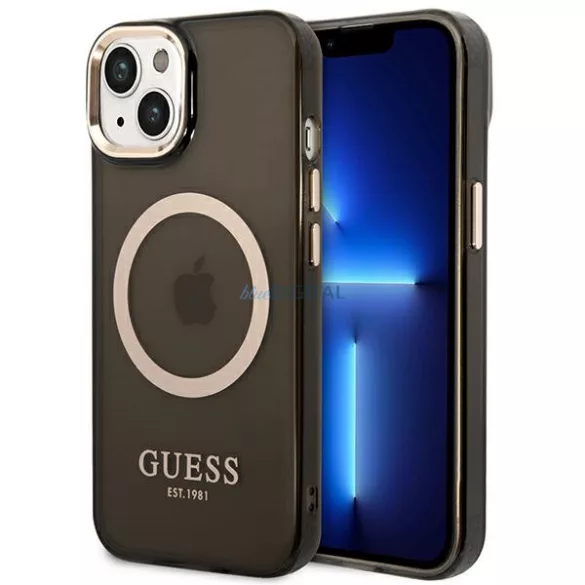 Guess GUHMP14MHTCMK iPhone 14 Plus 6.7" fekete keménytok arany kontúrú, áttetsző MagSafe áttetsző tok