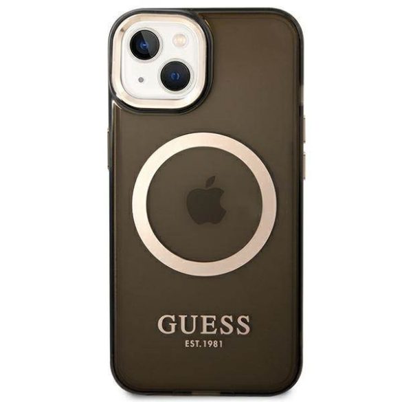 Guess GUHMP14MHTCMK iPhone 14 Plus / 15 Plus 6.7" fekete keménytok arany kontúrú, áttetsző MagSafe áttetsző tok