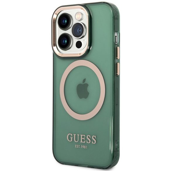 Guess GUHMP14LHTCMA iPhone 14 Pro 6.1" zöld/khaki keménytok  arany kontúrú MagSafe áttetsző tok