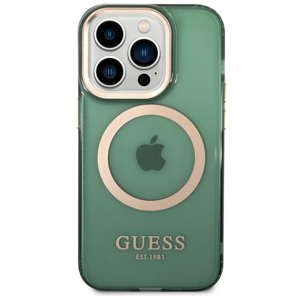 Guess GUHMP14LHTCMA iPhone 14 Pro 6.1" zöld/khaki keménytok  arany kontúrú MagSafe áttetsző tok