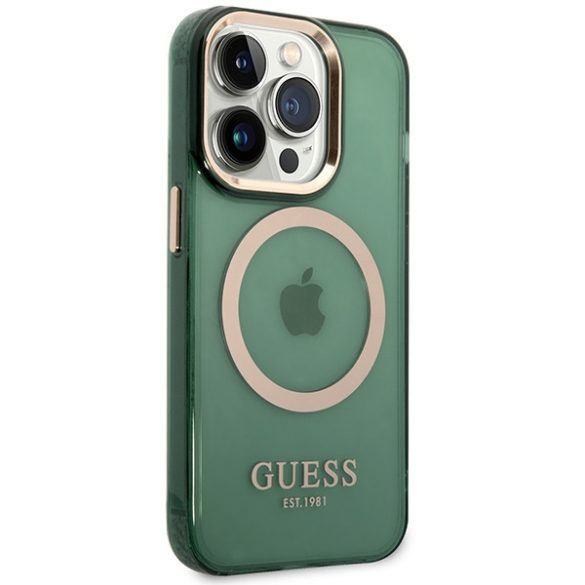 Guess GUHMP14LHTCMA iPhone 14 Pro 6.1" zöld/khaki keménytok  arany kontúrú MagSafe áttetsző tok