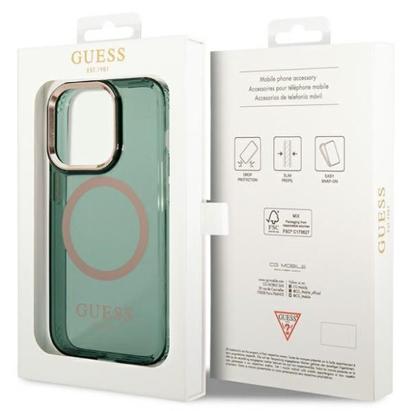 Guess GUHMP14LHTCMA iPhone 14 Pro 6.1" zöld/khaki keménytok  arany kontúrú MagSafe áttetsző tok