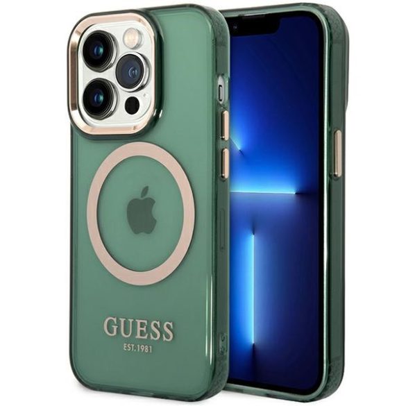 Guess GUHMP14XHTCMA iPhone 14 Pro Max 6,7" zöld/khaki keménytok  Arany kontúrú, áttetsző MagSafe