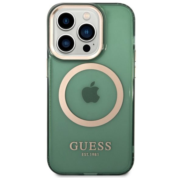 Guess GUHMP14XHTCMA iPhone 14 Pro Max 6,7" zöld/khaki keménytok  Arany kontúrú, áttetsző MagSafe