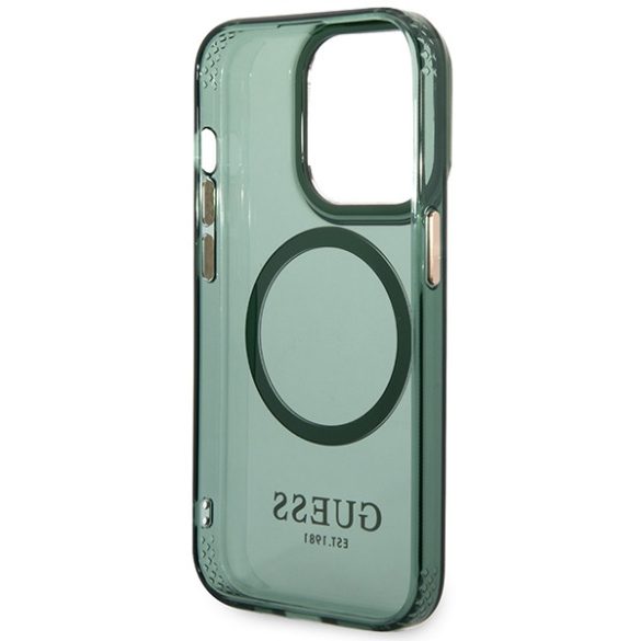 Guess GUHMP14XHTCMA iPhone 14 Pro Max 6,7" zöld/khaki keménytok  Arany kontúrú, áttetsző MagSafe