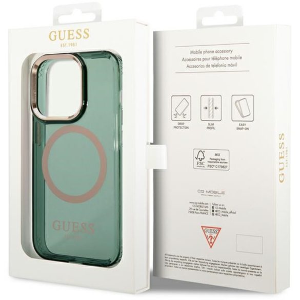 Guess GUHMP14XHTCMA iPhone 14 Pro Max 6,7" zöld/khaki keménytok  Arany kontúrú, áttetsző MagSafe