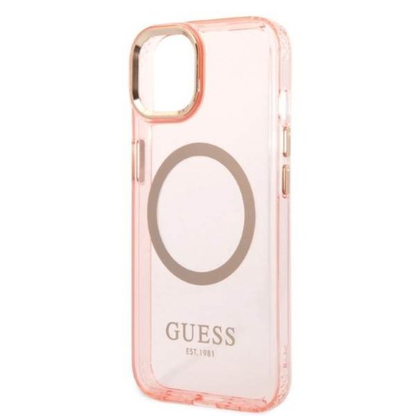 Guess GUHMP14SHTCMP iPhone 14 / 15 / 13 6,1" rózsaszín keménytok arany kontúrú áttetsző MagSafe