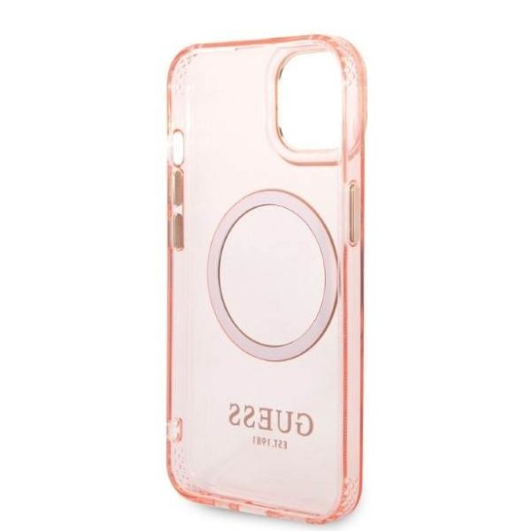 Guess GUHMP14SHTCMP iPhone 14 / 15 / 13 6,1" rózsaszín keménytok arany kontúrú áttetsző MagSafe