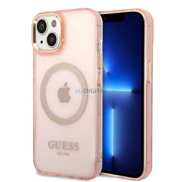 Guess GUHMP14MHTCMP iPhone 14 Plus 6.7" rózsaszín keménytok arany kontúrú, áttetsző MagSafe áttetsző tok