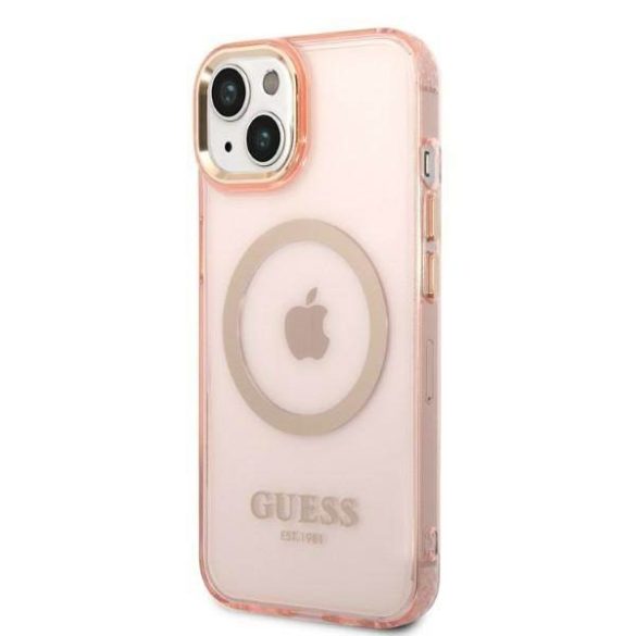 Guess GUHMP14MHTCMP iPhone 14 Plus / 15 Plus 6.7" rózsaszín keménytok arany kontúrú, áttetsző MagSafe áttetsző tok