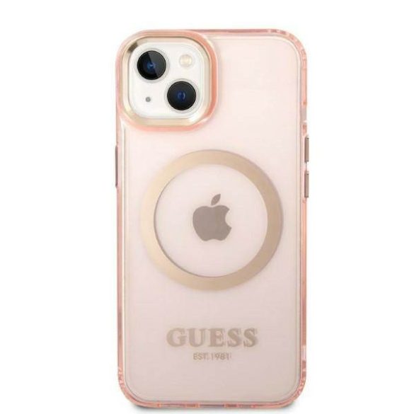 Guess GUHMP14MHTCMP iPhone 14 Plus / 15 Plus 6.7" rózsaszín keménytok arany kontúrú, áttetsző MagSafe áttetsző tok